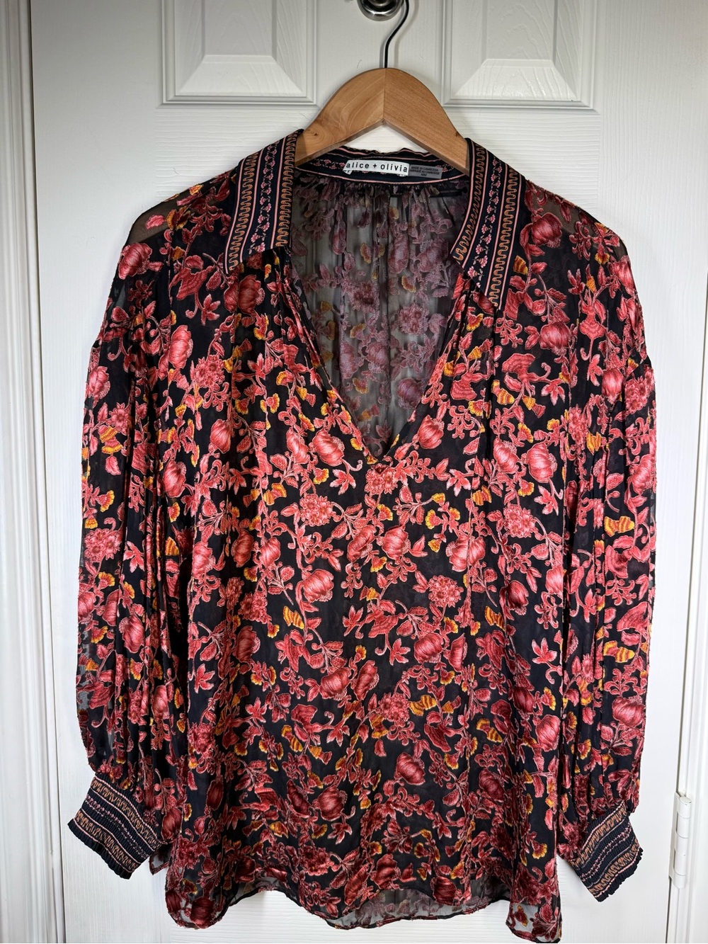 Alice + Olivia Desiree Silk Velvet Burnout Autumn Floral Boho Blouse Sz M